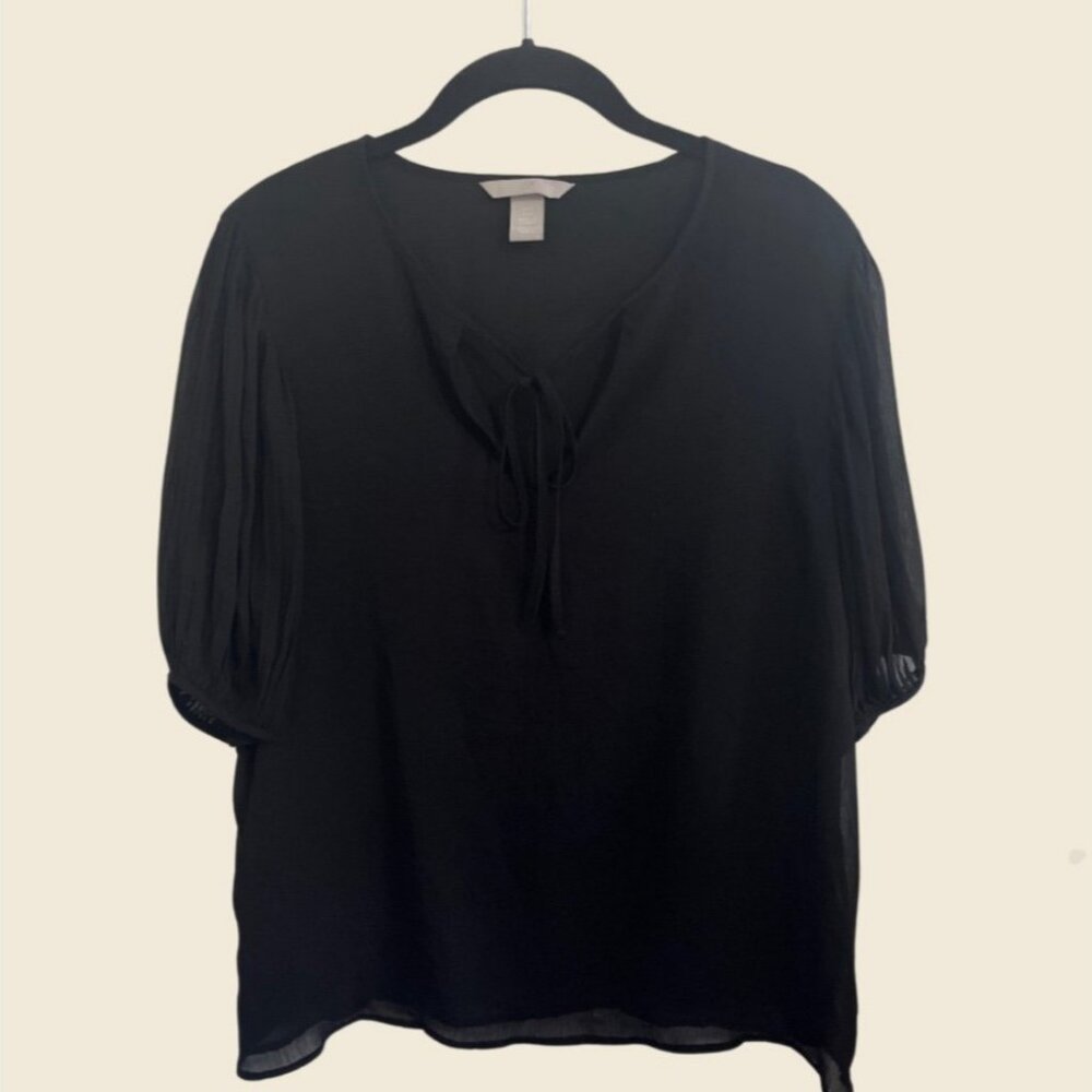 H&M 3/4 Sleeve Sheer V Neck Black Blouse Size 8